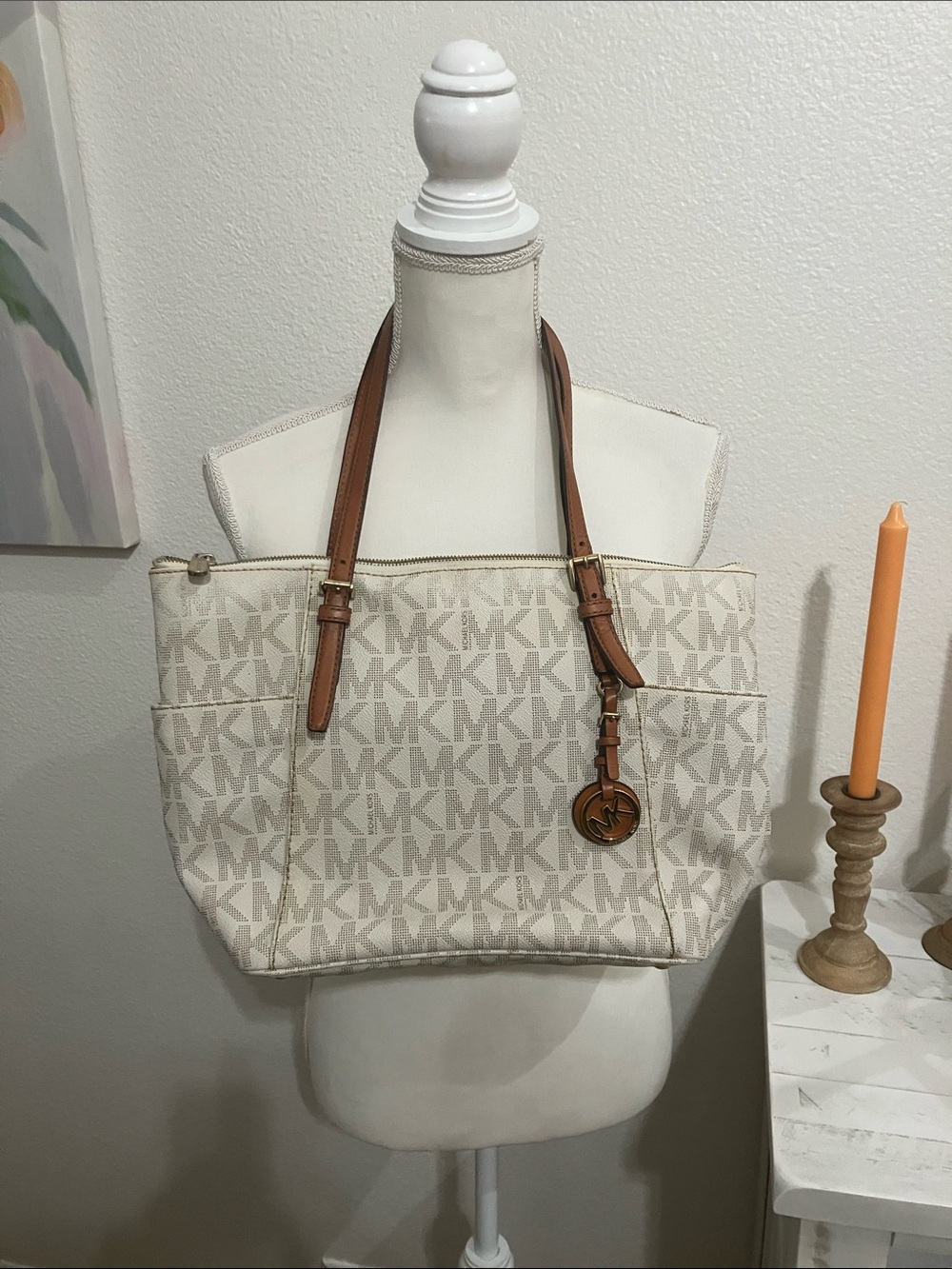 Michael Kors Cream MK Logo Tote with Brown Leather Straps